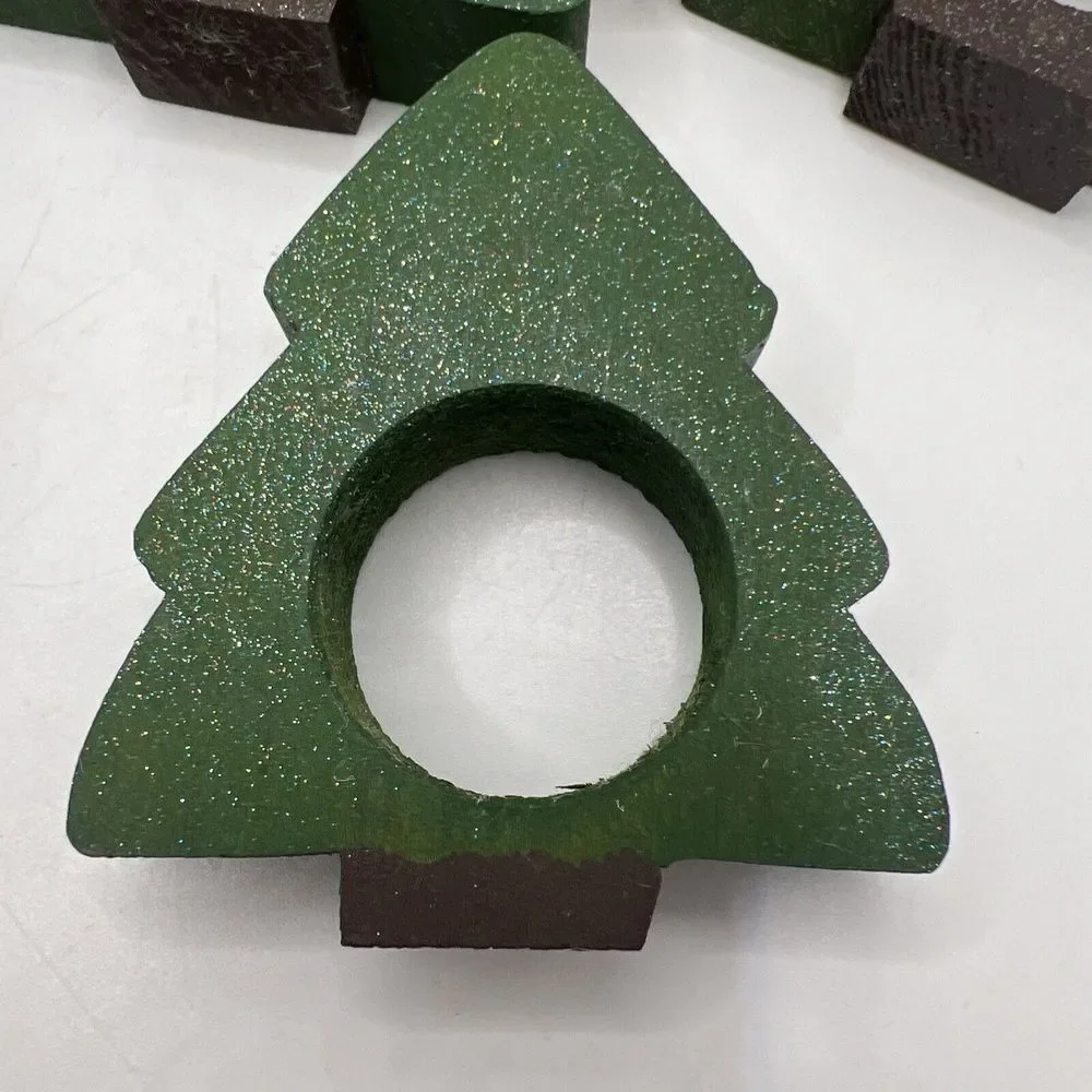 Hand‎ Painted Wooden Christmas Tree Holiday Napkin Rings Set/7